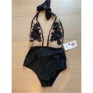 Floral Lace Halter One Piece Bathing Suit